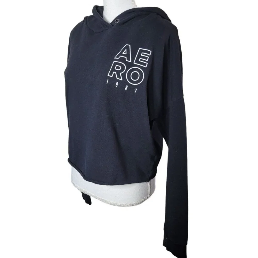 Aeropostale Sweatshirt Cropped‎ Raw Edge Hem Black Hoodie Womens Medium